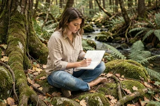 Jeune femme prenant des notes sur la définition des ressources naturelles dans une forêt dense