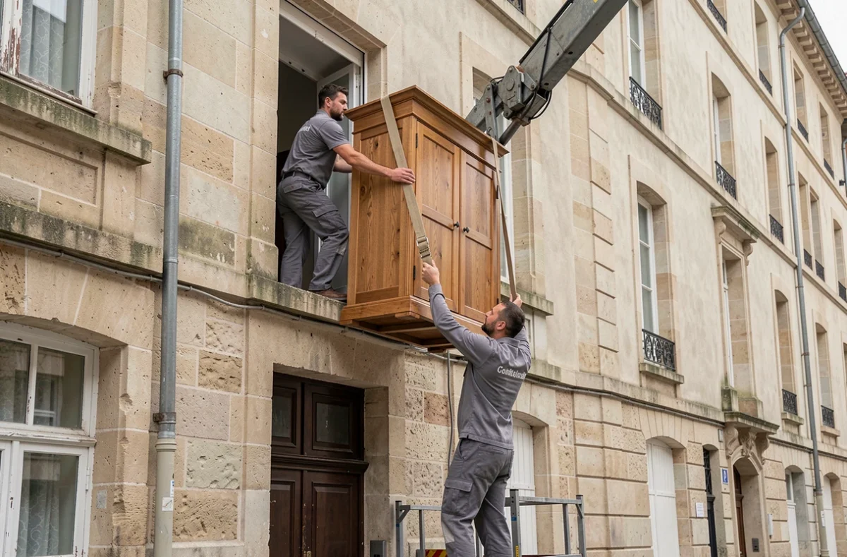 Équipe Delacquis Contini utilisant un monte-meuble pour hisser une armoire à travers une fenêtre d'immeuble
