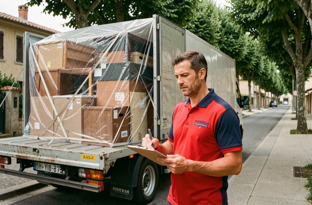 Chef d'équipe de Déménagements F. Ent Laurent vérifiant une liste de contrôle devant un camion chargé