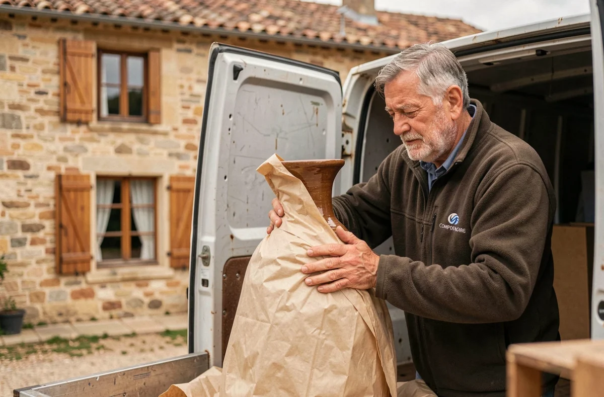 Déménageur expérimenté de Déménagements Serre emballant un vase devant une maison en pierre drômoise