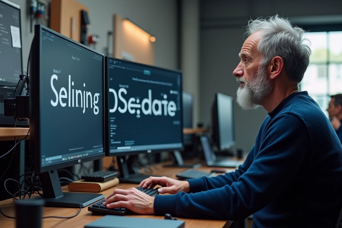Designer comparant polices serif et sans-serif sur écran Retina haute résolution en studio