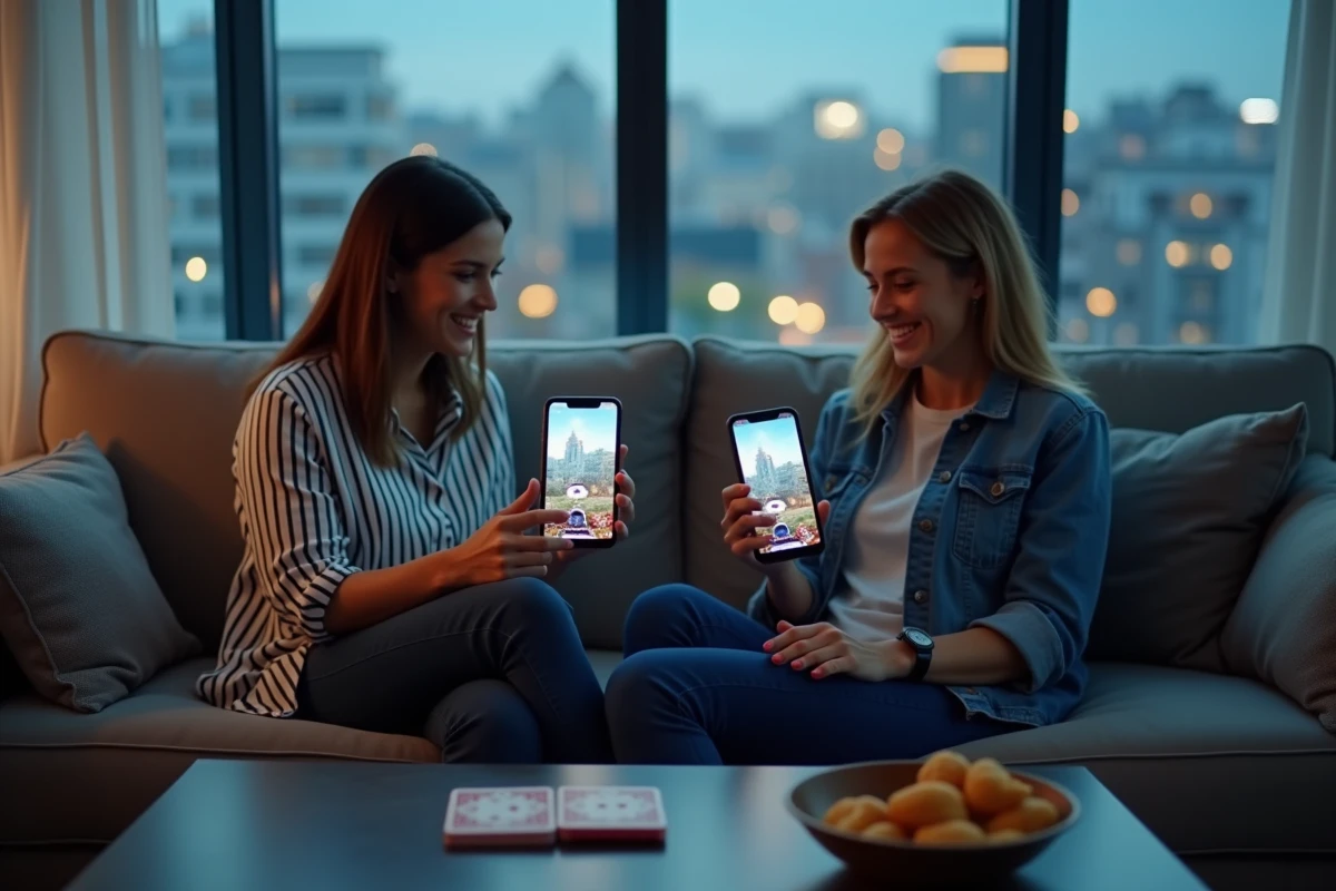Deux femmes jouant à la Belote à 2 sur smartphone dans un salon moderne avec vue urbaine en soirée
