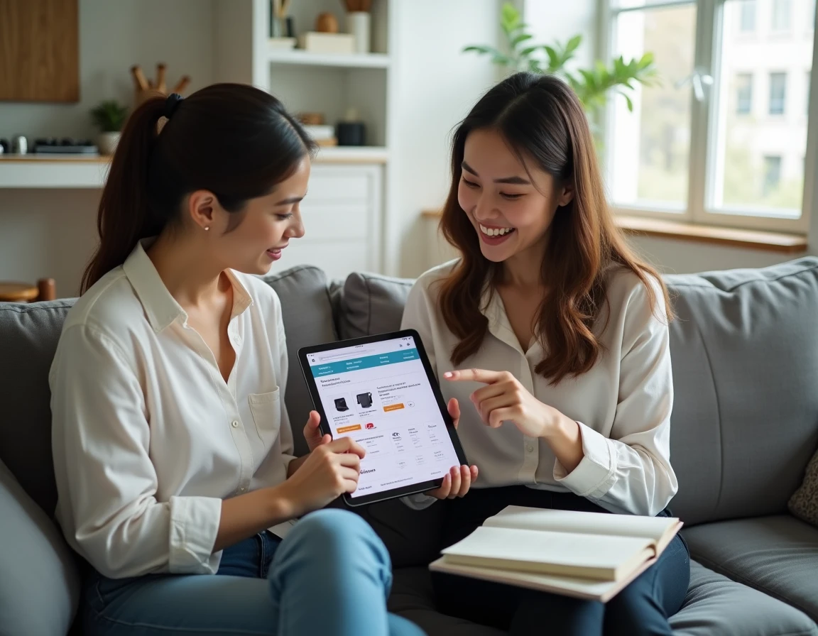 Deux femmes comparant des offres sur le site Hacoo via une tablette dans un salon moderne