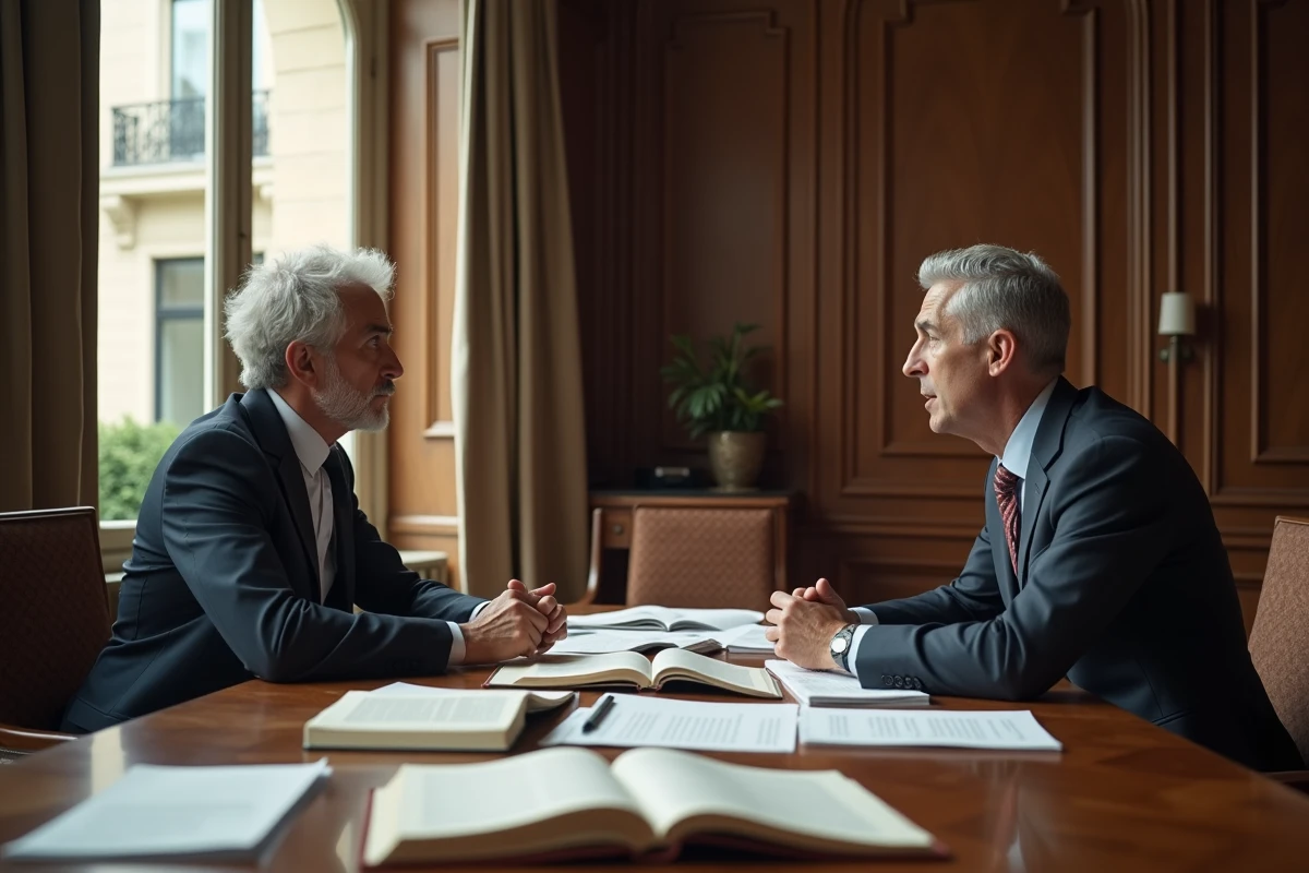 Deux journalistes en discussion professionnelle dans un bureau parisien, illustrant les liens et la collaboration entre Olivier et Brigitte Benkemoun