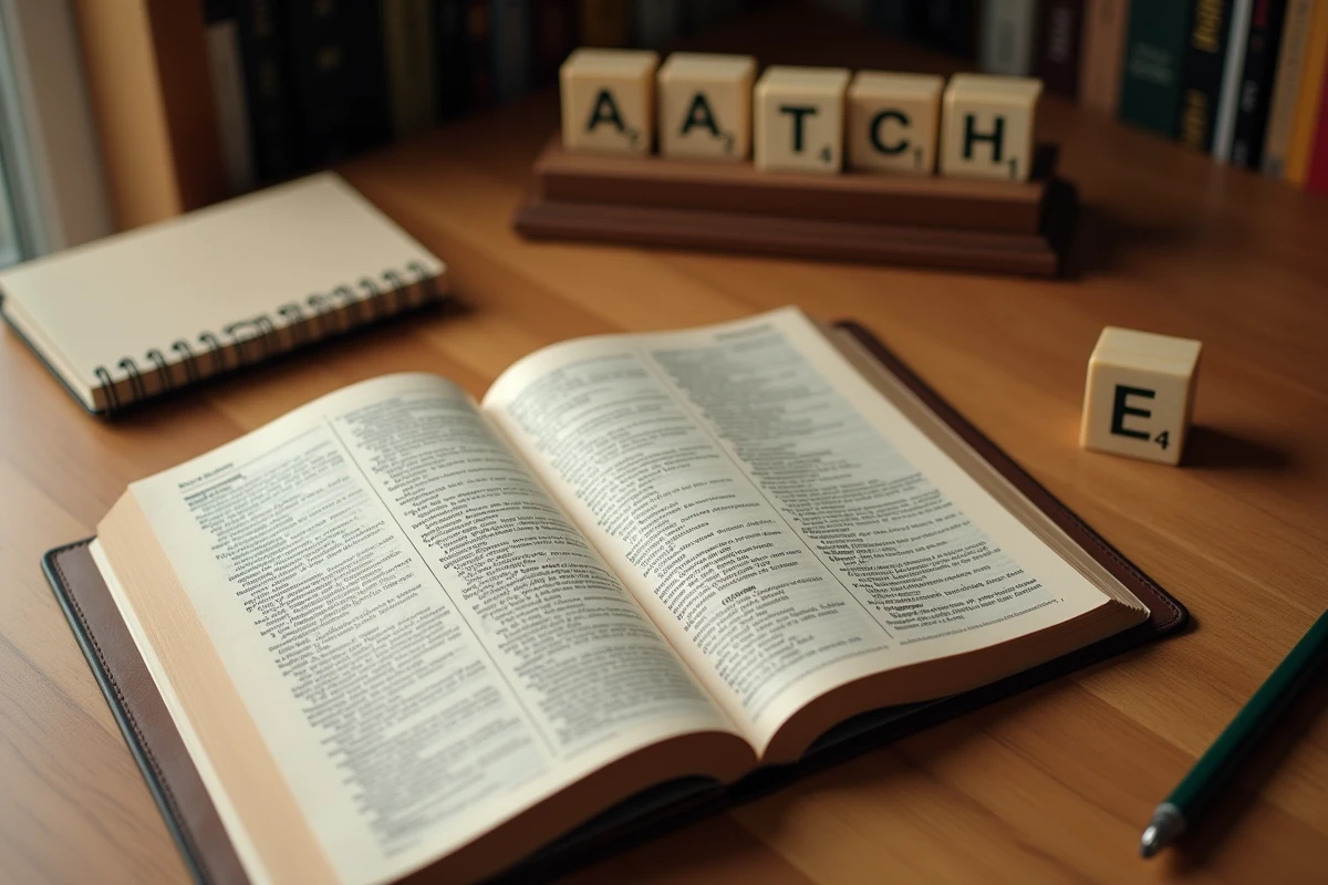 Dictionnaire officiel du Scrabble ouvert à côté d'un porte-tuiles montrant les lettres ACE, pour vérifier la validité du mot