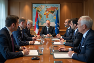 Groupe de diplomates en réunion dans une salle moderne