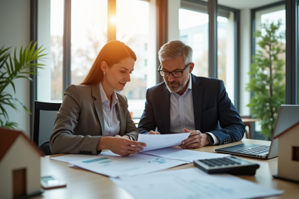 Professionnels discutant de documents financiers dans un bureau lumineux