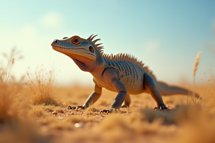 Dragon de komodo marchant dans la savane ensoleillee