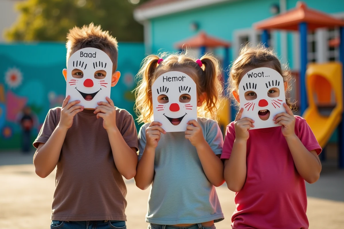 Trois enfants fiers avec leurs masques de carnaval en plein air