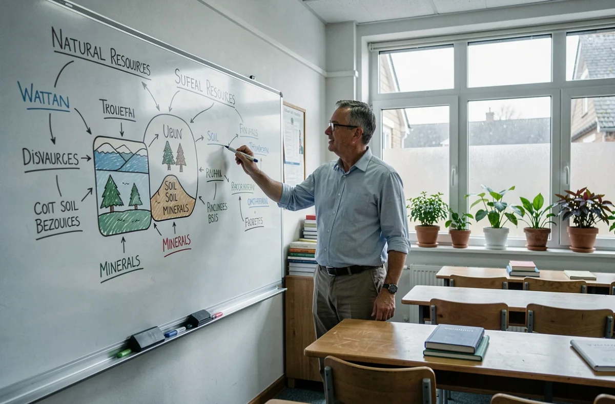 Enseignant expliquant la définition des ressources naturelles sur un tableau de classe
