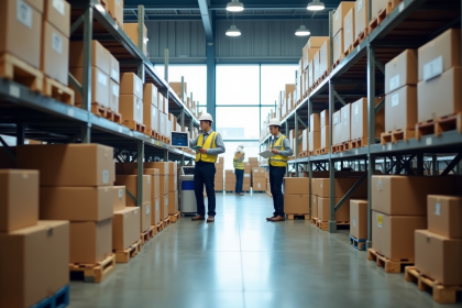 Intérieur d'un entrepôt asiatique moderne avec employés et écrans