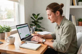 Entrepreneur remplissant un formulaire en ligne sur son ordinateur