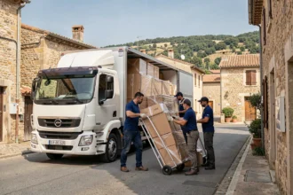 Équipe de déménageurs professionnels chargeant un camion dans une rue d'une ville de la Drôme