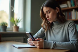 Femme tapant un SMS anonyme sur son smartphone dans un bureau à domicile discret