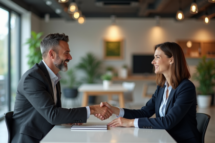 Deux collègues d'affaires se serrant la main dans un bureau moderne