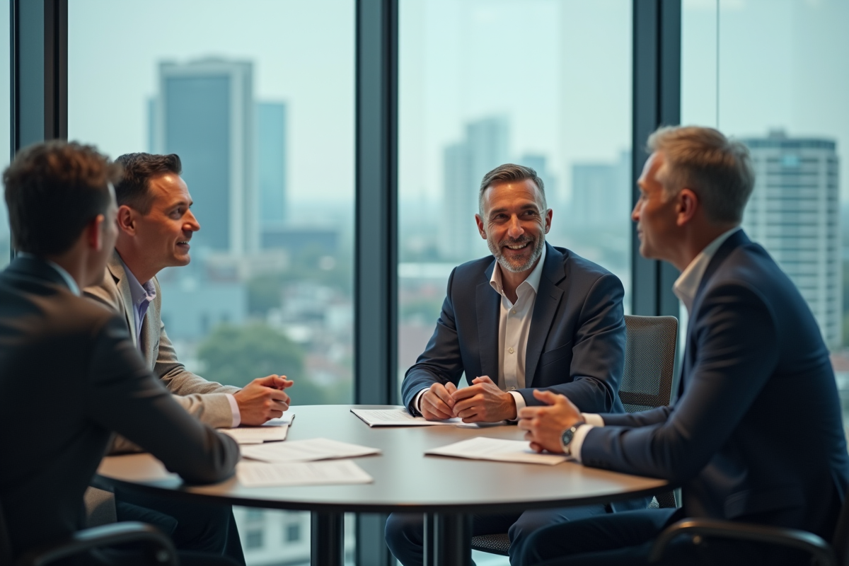 Groupe de professionnels en discussion dans une salle de réunion