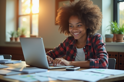 Etudiant calculant ses finances avec espoir et papiers