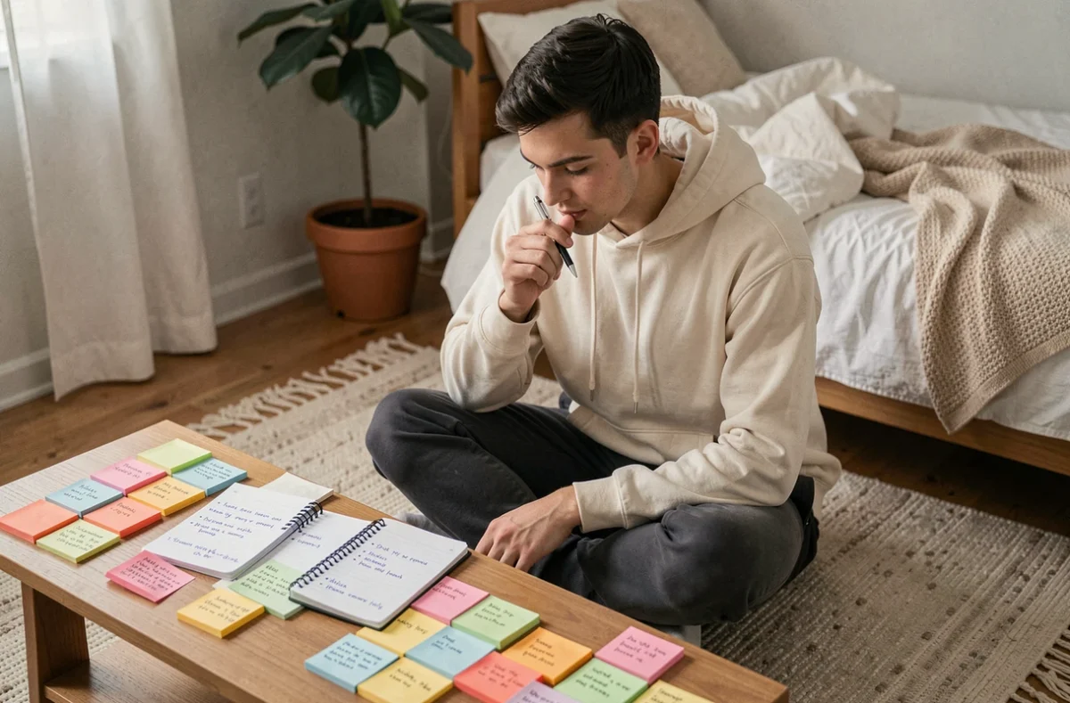 Étudiant qui planifie ses sessions de mémorisation avec des notes adhésives colorées dans sa chambre