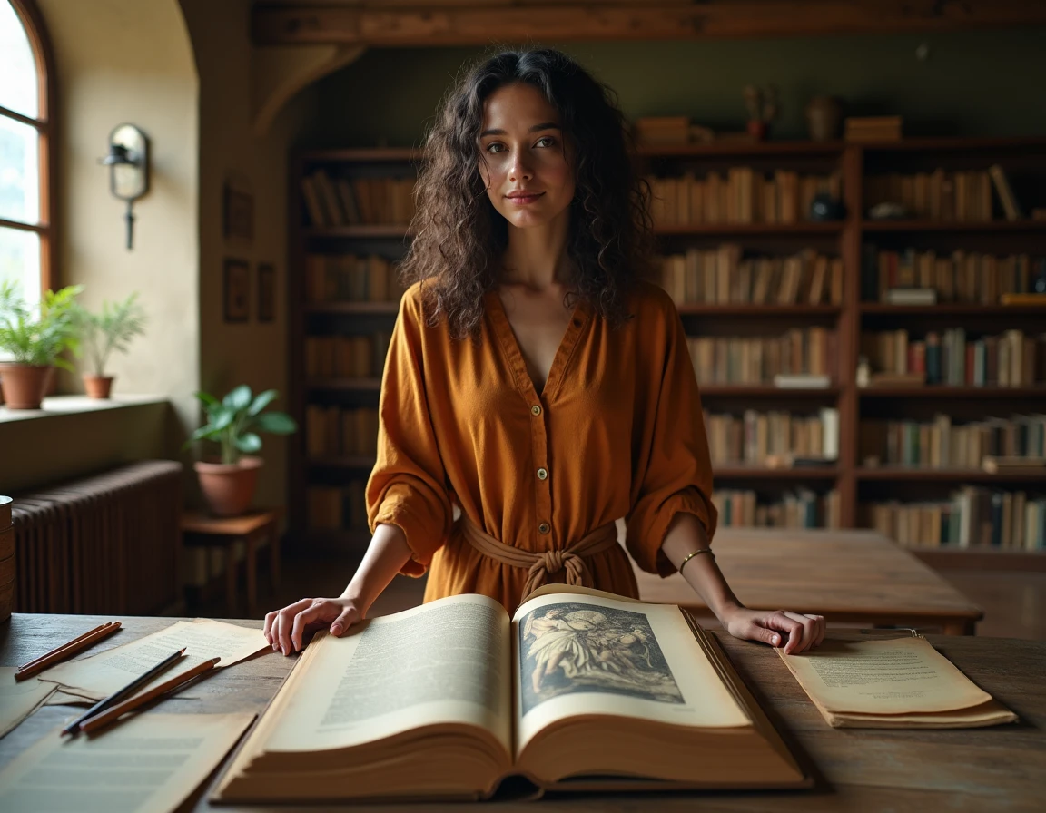 Étudiante en mythologie grecque étudiant le dieu Héphaïstos dans une bibliothèque universitaire ancienne