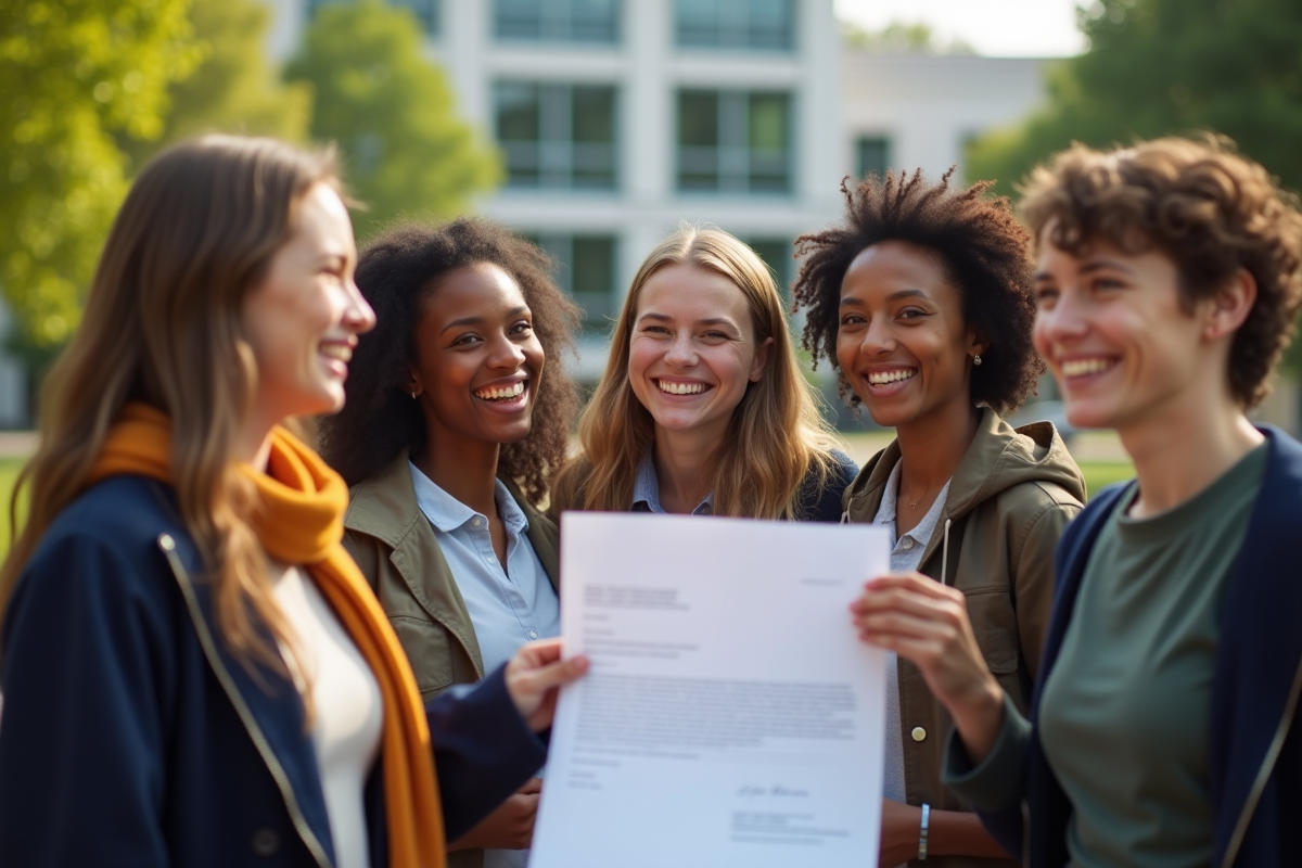 Groupe d étudiants célébrant leur bourse devant l université