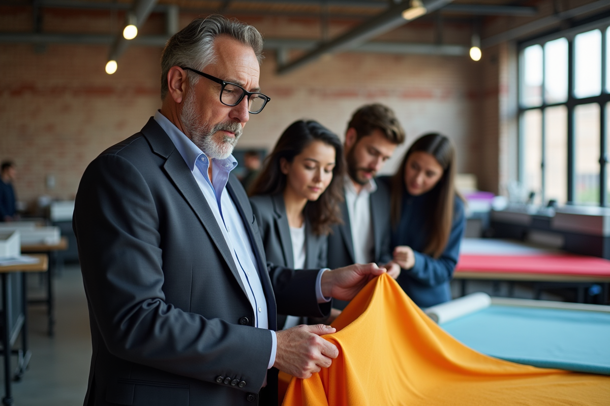 Expert textile guidant des étudiants dans un atelier moderne
