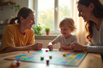 Famille jouant à un jeu de société dans un salon lumineux