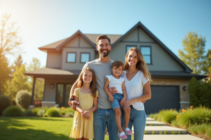 Famille heureuse devant une maison moderne en banlieue