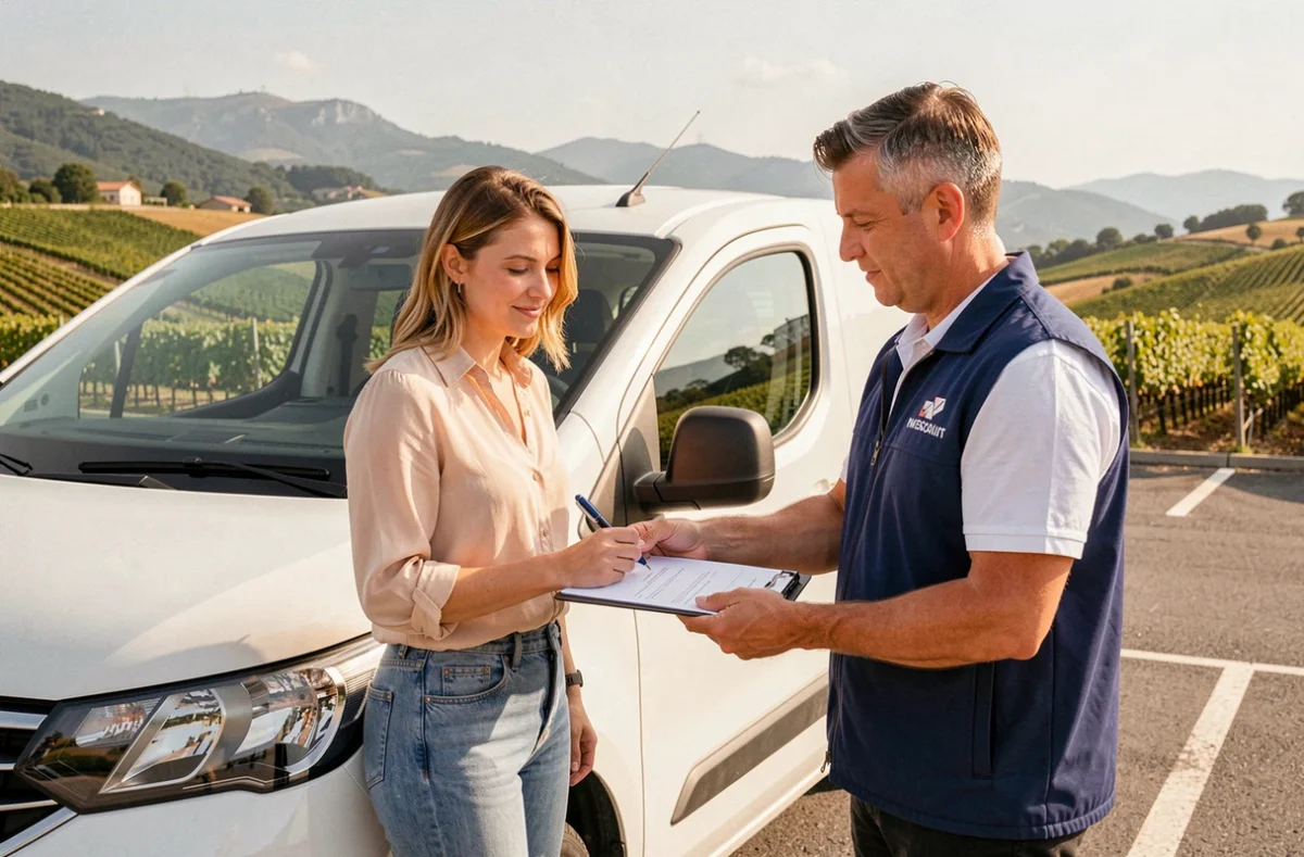 Cliente signant un contrat de location de camionnette chez Faveron Location avec des vignes drômoises en fond