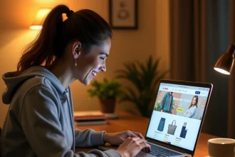 Jeune femme faisant des achats en ligne sur le site Hacoo depuis son bureau à domicile