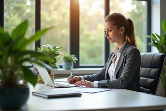 Femme d'affaires examinant des rapports ESG dans un bureau lumineux
