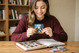 Jeune femme tenant une carte Marvel de l'album Leclerc 2026 avec des vignettes et un album ouvert sur son bureau en bois
