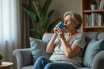 Femme d'âge moyen utilisant un inhalateur dans un salon chaleureux