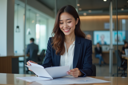 Jeune femme en blazer bleu dans une banque moderne