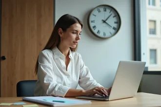 Femme consultant une horloge murale et un tableau de fuseaux horaires dans un bureau moderne de New York pour planifier des rendez-vous internationaux