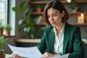 Femme en blazer vert examine des documents au bureau