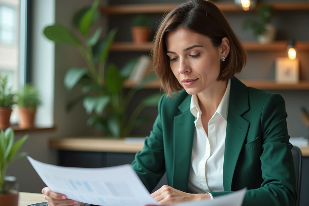 Femme en blazer vert examine des documents au bureau