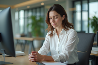 Femme en bureau regardant pensivement