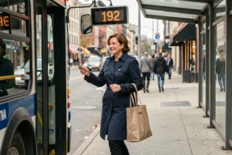 Femme montant dans le bus 192 avec sa carte de transport lors d'un trajet domicile-travail en ville
