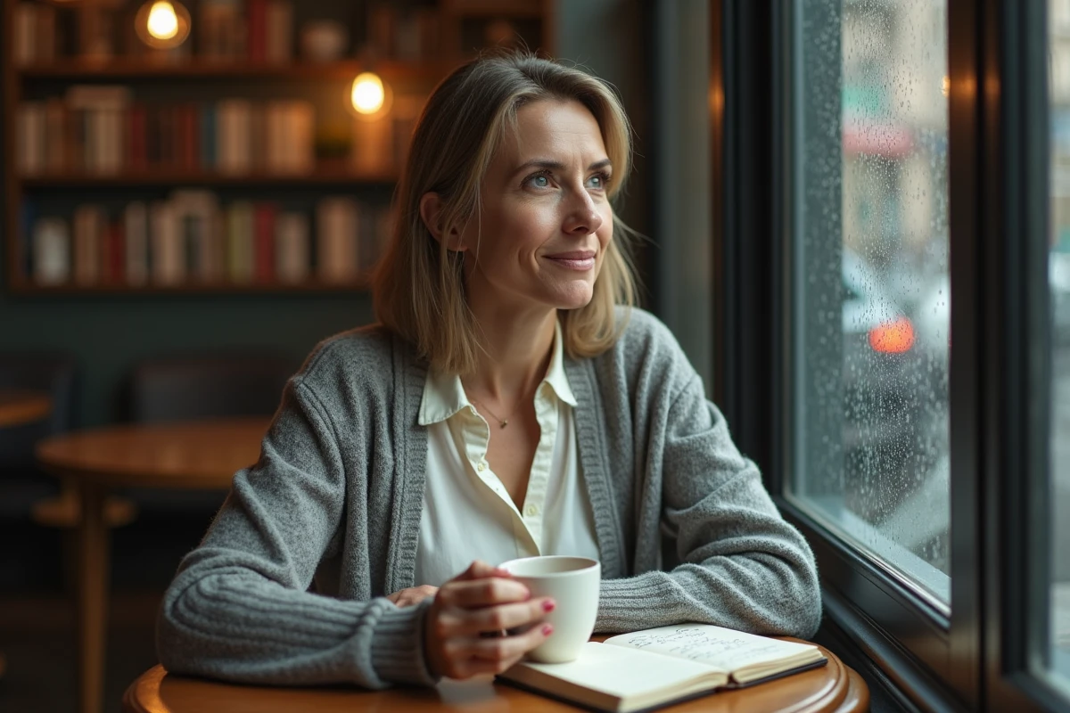 Femme seule dans un café pluvieux, tenant une tasse et contemplant un journal intime ouvert, évoquant la nostalgie et les citations sur l'amour