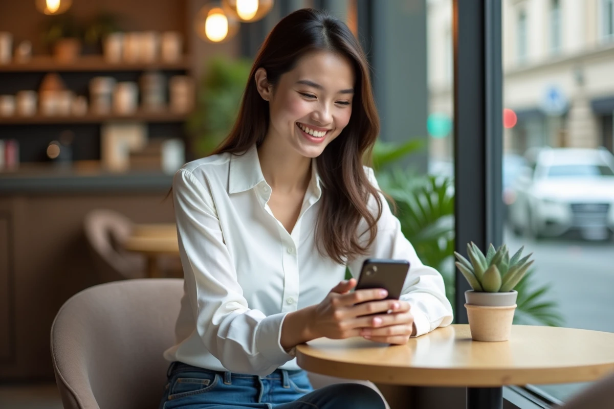 Jeune femme au café souriante avec smartphone en main
