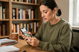 Femme jouant à CodyCross sur smartphone assis à un bureau en bois dans un bureau à domicile cosy