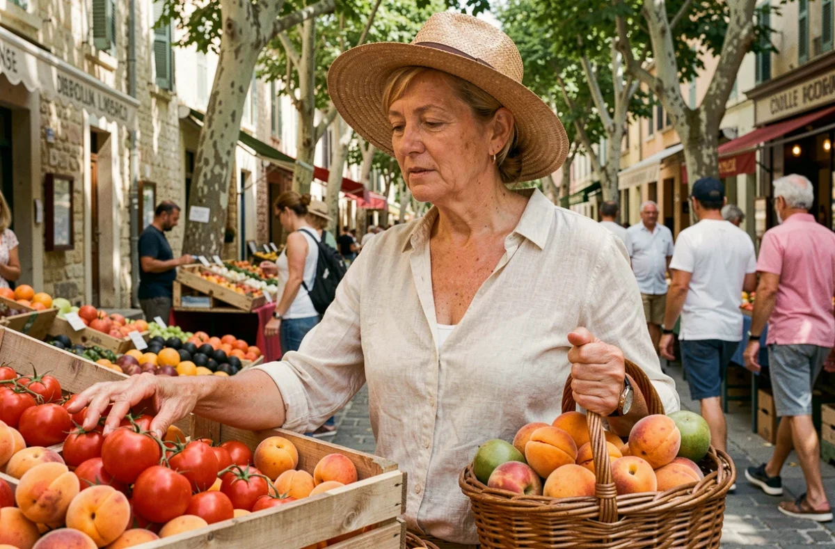 Femme choisissant des fruits frais sur un étal du marché d'Aix-en-Provence, panier en osier au bras, ambiance estivale provençale