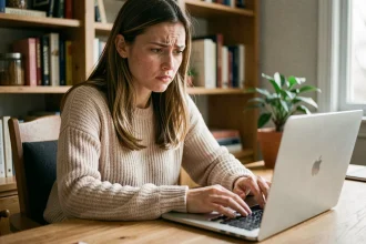 Jeune femme utilisant une application de messagerie en ligne sur son ordinateur portable depuis son bureau à domicile