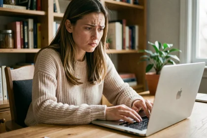 Jeune femme utilisant une application de messagerie en ligne sur son ordinateur portable depuis son bureau à domicile