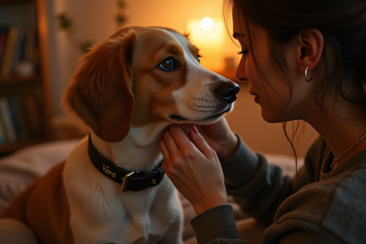 Femme caressant un chien dans un salon chaleureux