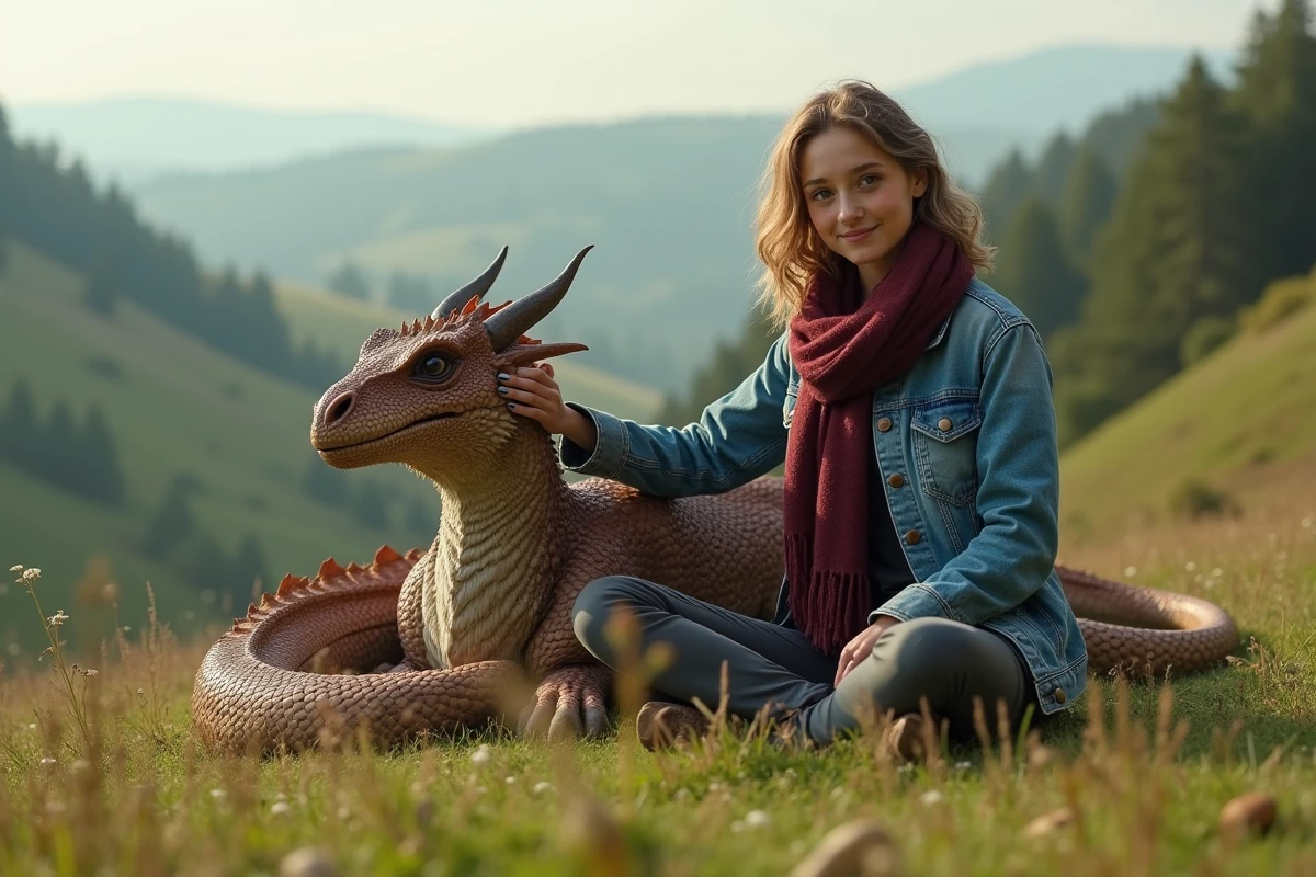 Femme en veste en denim et foulard près d’un dragon dans un paysage champêtre