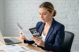 Femme professionnelle examinant une brochure agrafée 8 pages dans un bureau moderne