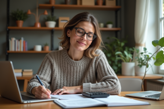 Femme d'âge moyen souriante devant ses finances à la maison