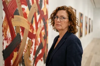 Femme contemplant une peinture abstraite dans une galerie d'art contemporain, illustrant le débat autour de la définition de l'art abstrait