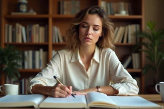 Femme consultant un livre de grammaire française et annotant des exemples d'utilisation de la préposition dans le